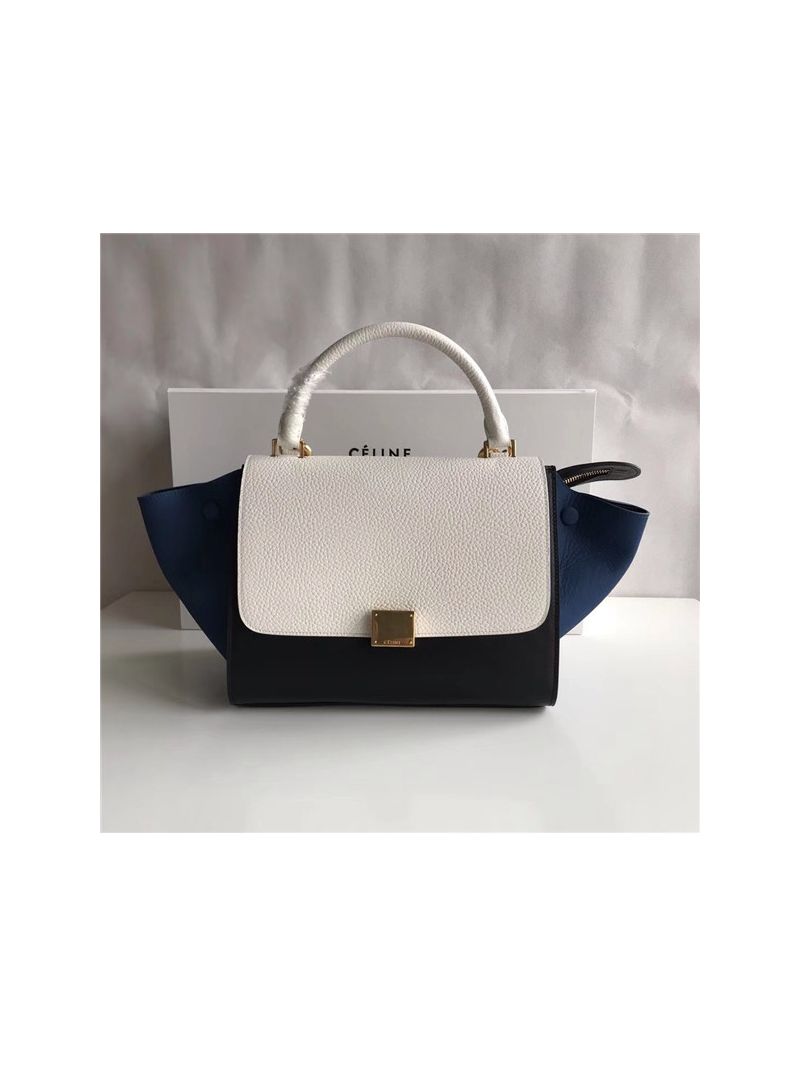 Céline Trapeze Drummed leather Small Tote Bag white black blue