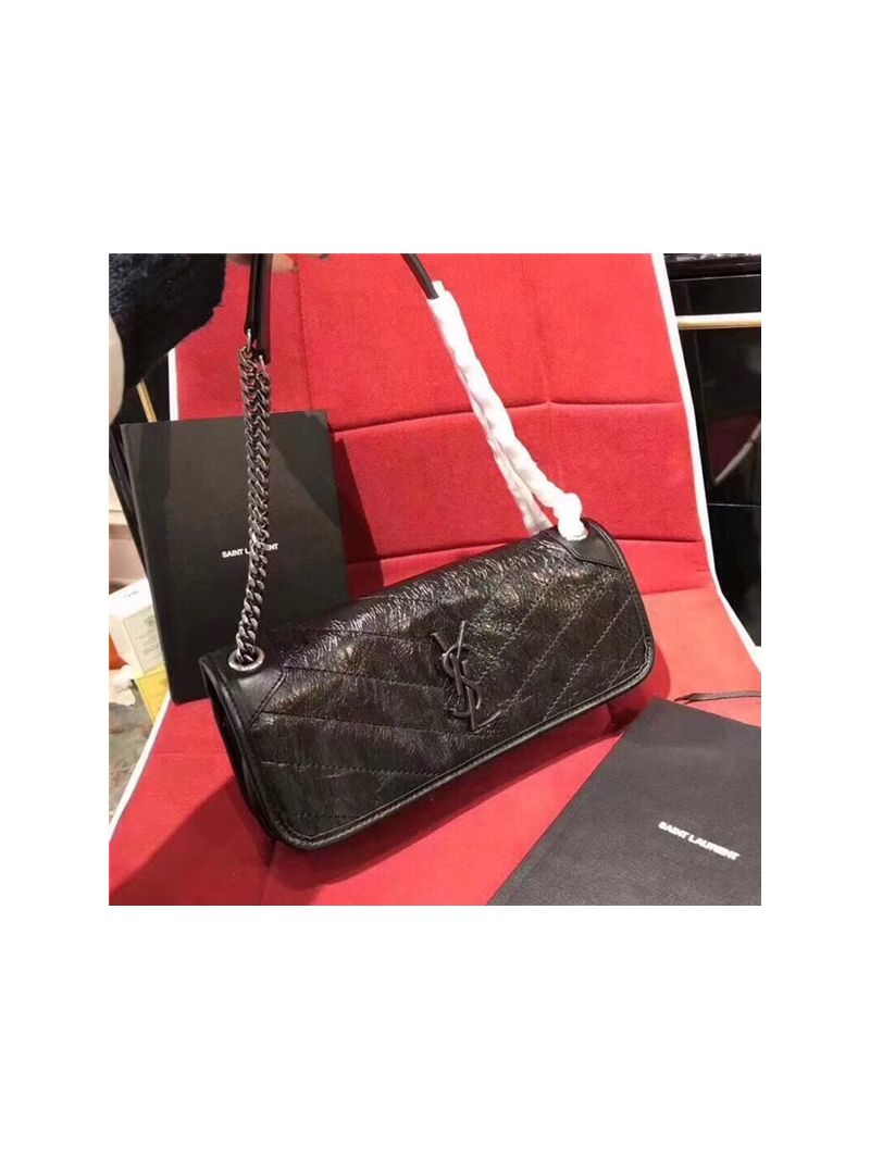 YSL Saint Laurent Small Monogramme Niki Chain Bag In Vintage Crinkled And Quilted black Leather