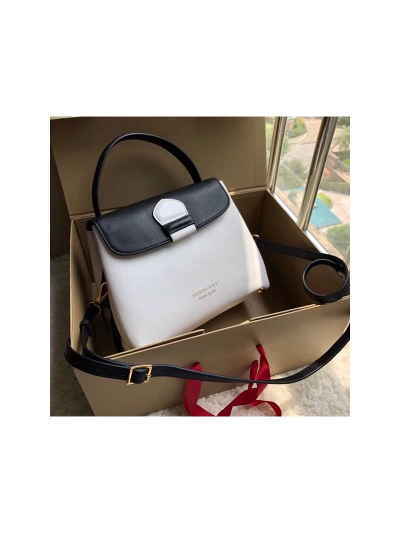 Burberry Grainy Leather and House Check Tote Bag white black 