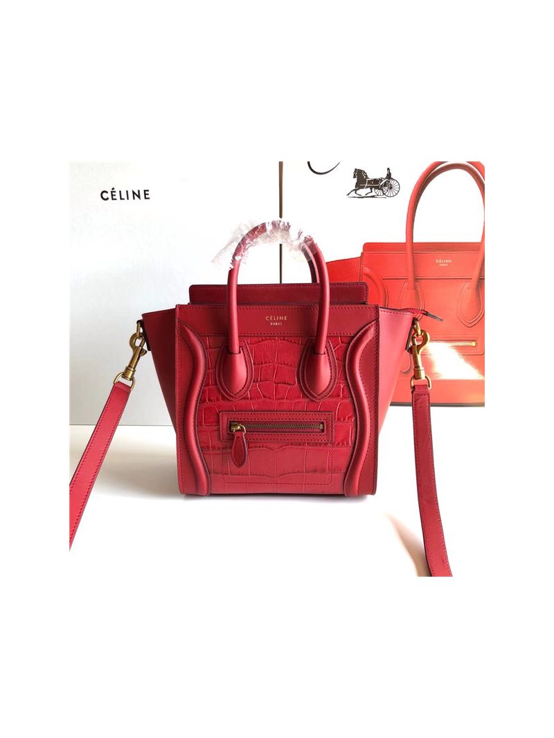 Céline Luggage Tote red Smooth Calfskin with crocodile trimmed