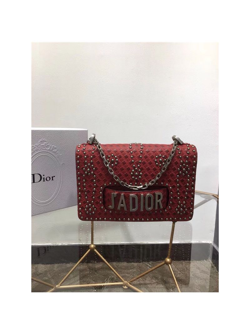 Dior J'ADIOR Flap Bag With Silver Chain in studded red calfskin