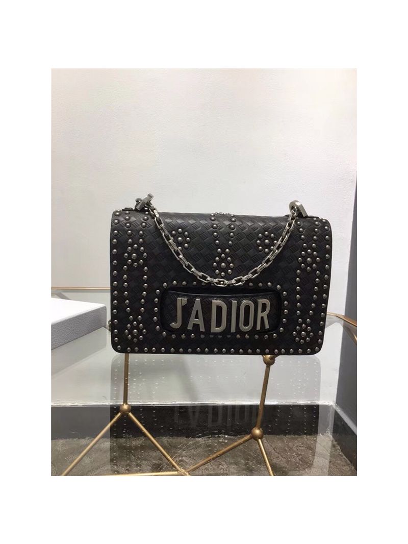 Dior J'ADIOR Flap Bag With Silver Chain in studded black calfskin