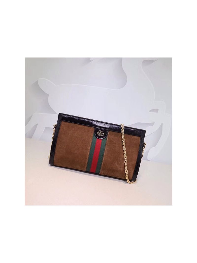 Gucci Ophidia patent leather-trimmed brown suede shoulder bag 503876