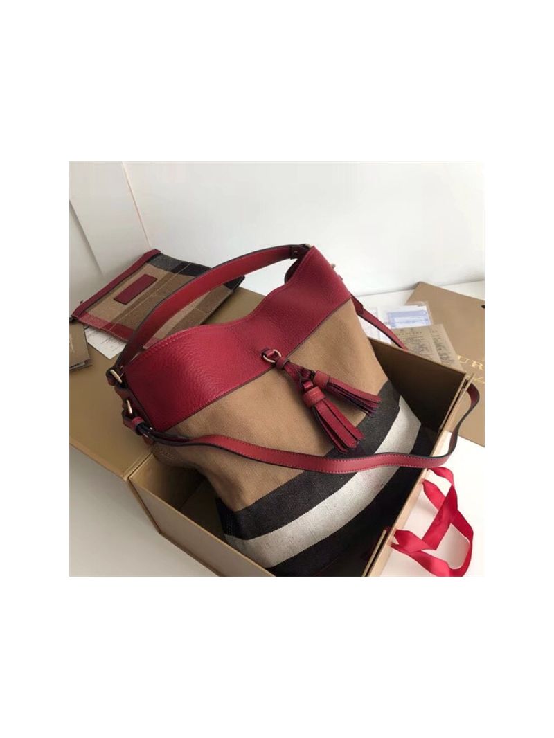 Burberry Ashby Medium Canvas Check & Leather Bucket Bag 3982937 red