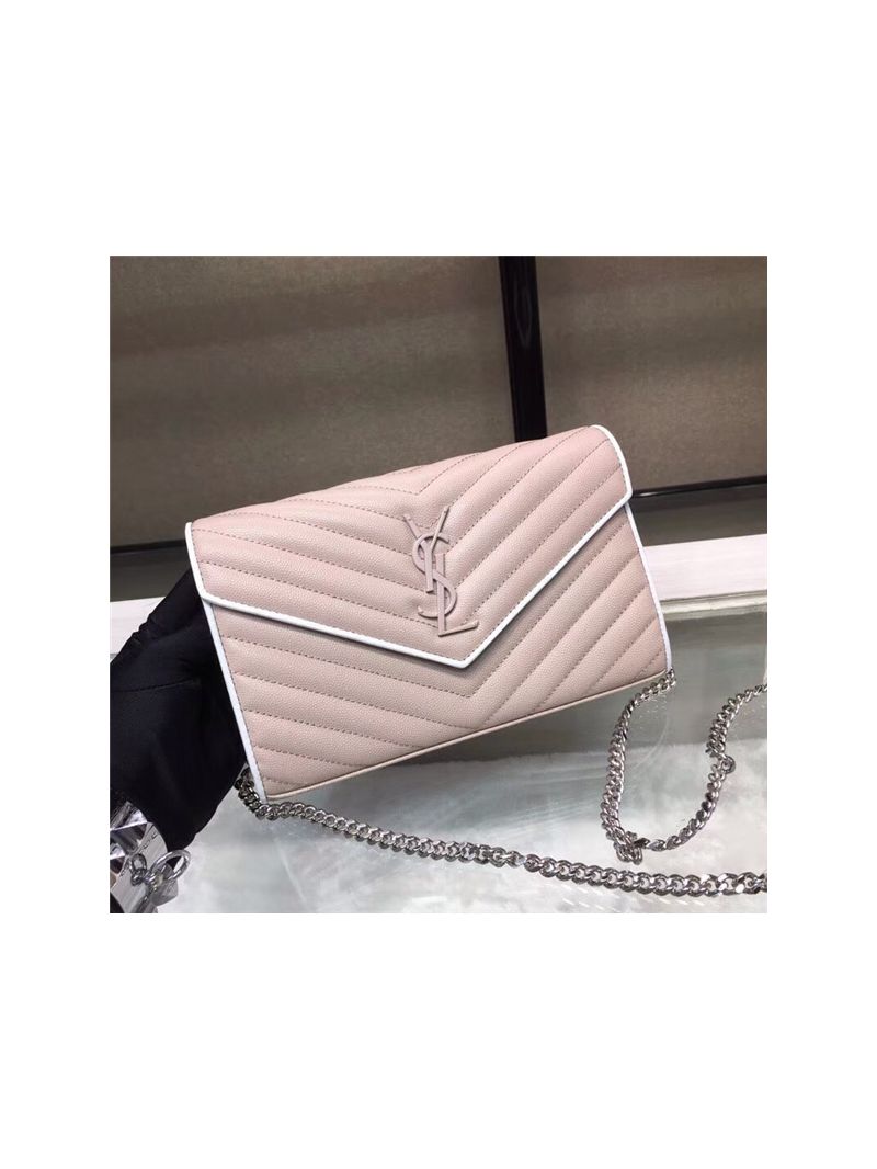 YSL Saint Laurent Monogram Chain Wallet Grain De Poudre Rose in Rose Hardware