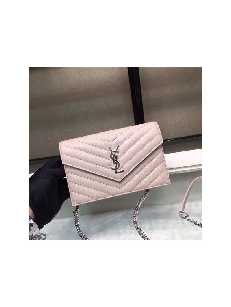 YSL Saint Laurent Envelope Chain Wallet Grain De Poudre Rose in Silver Hardware