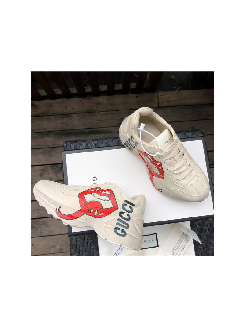 Gucci Women Men's Rhyton Leather Sneaker with Mouth Print 528892