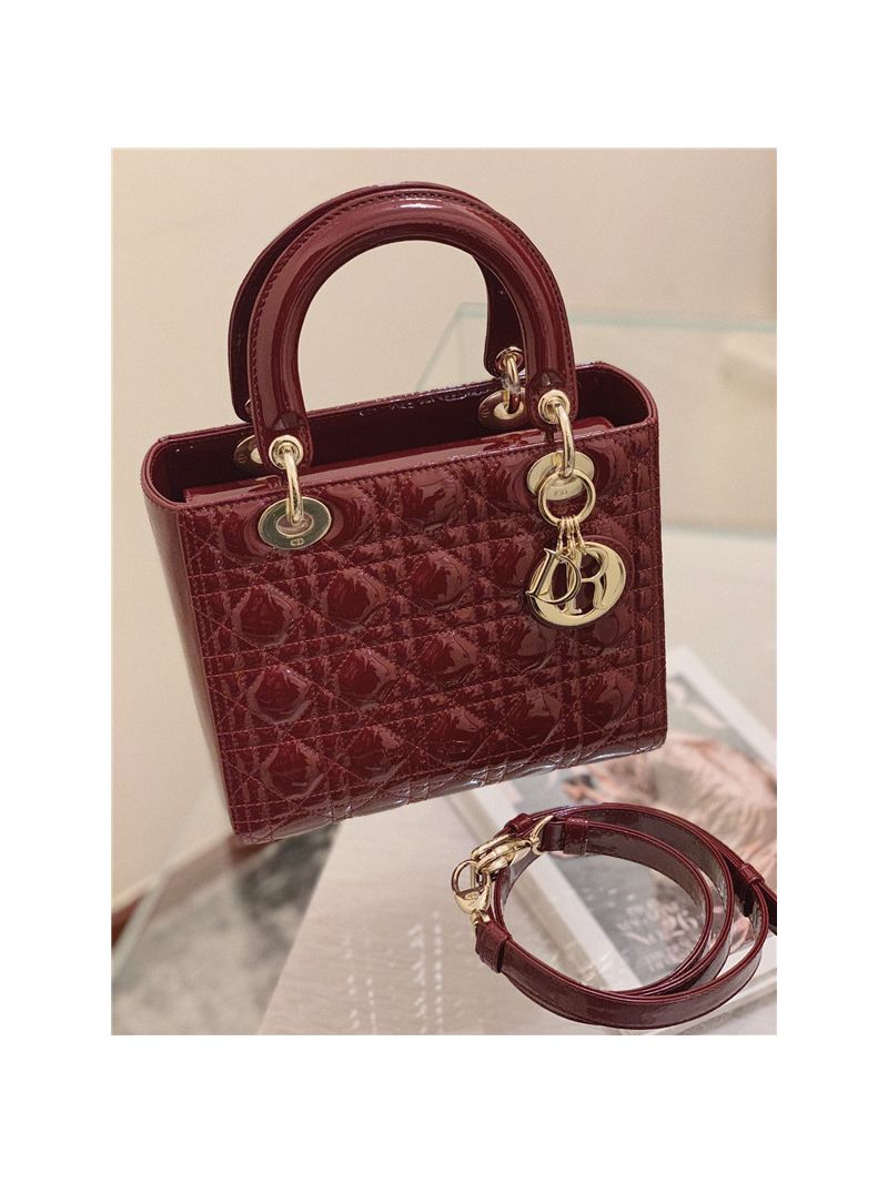 Dior Medium Lady Dior Flap Cover Patent Calfskin Bag M0565 wine red