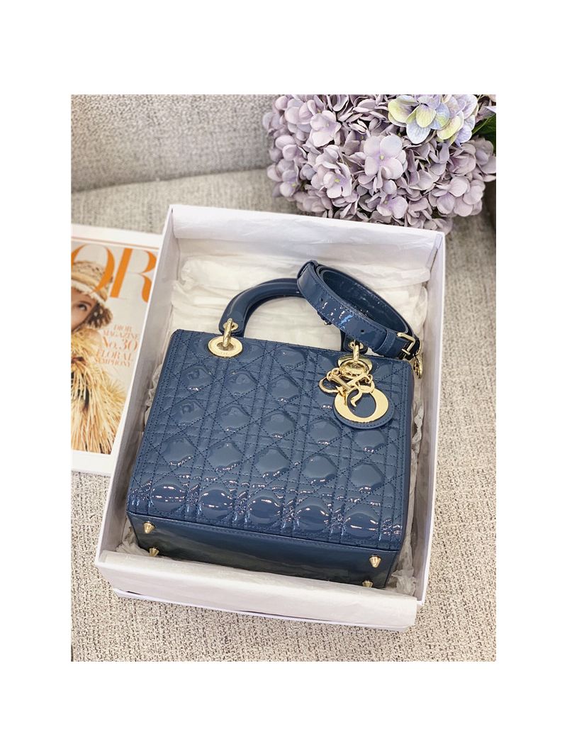Dior Medium Lady Dior Flap Cover Patent Calfskin Bag M0565 Denim Blue