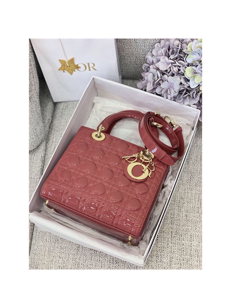 Dior Medium Lady Dior Flap Cover Patent Calfskin Bag M0565 Mallow Rose