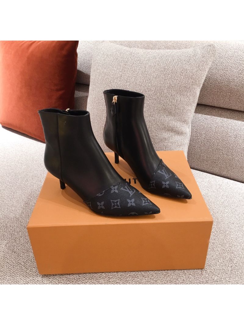 Louis Vuitton LV Cherie Ankle Boot 1A8834 Black Calf leather and patent Monogram Graphite canvas