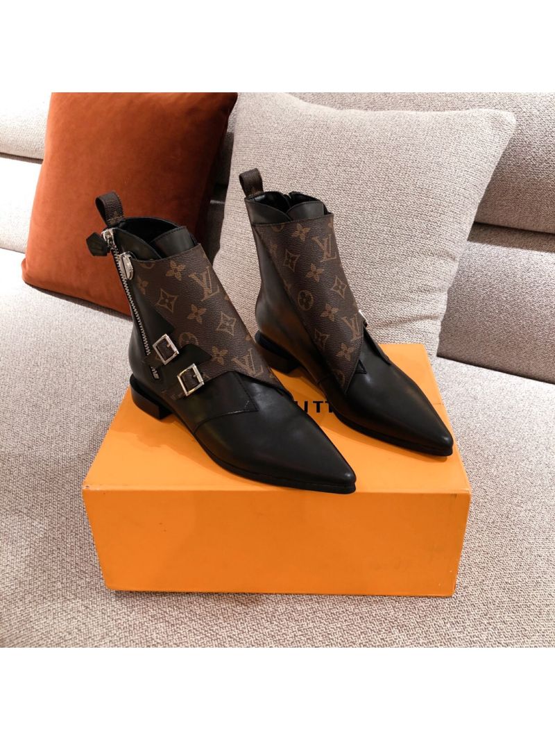 Louis Vuitton LV Jumble Flat Ankle Boot 1A588A Black Calf leather and patent Monogram canvas