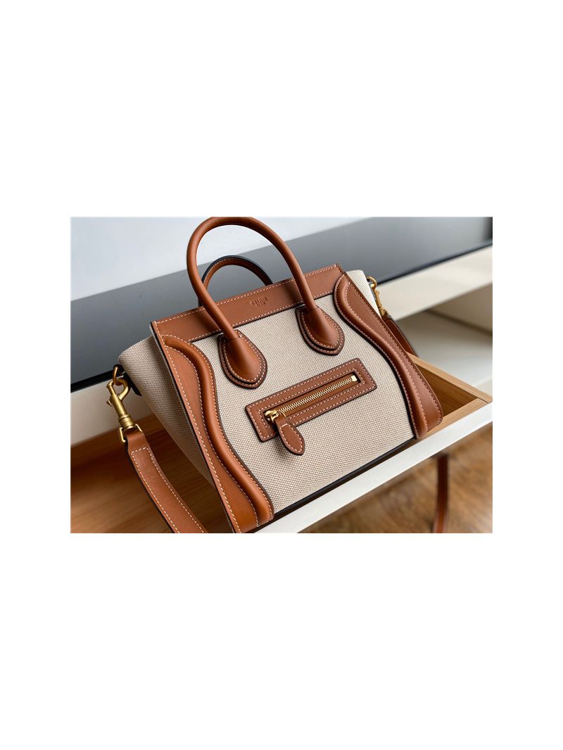 Celine Luggage Bag In Textile And Natural Calfskin 189242 Tan/White