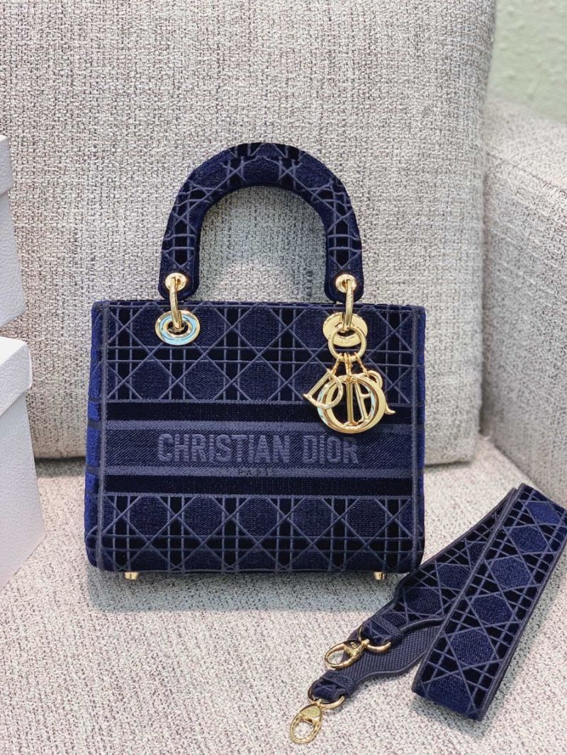Dior Medium Lady D-lite Bag Blue Cannage Embroidered Velvet M0565