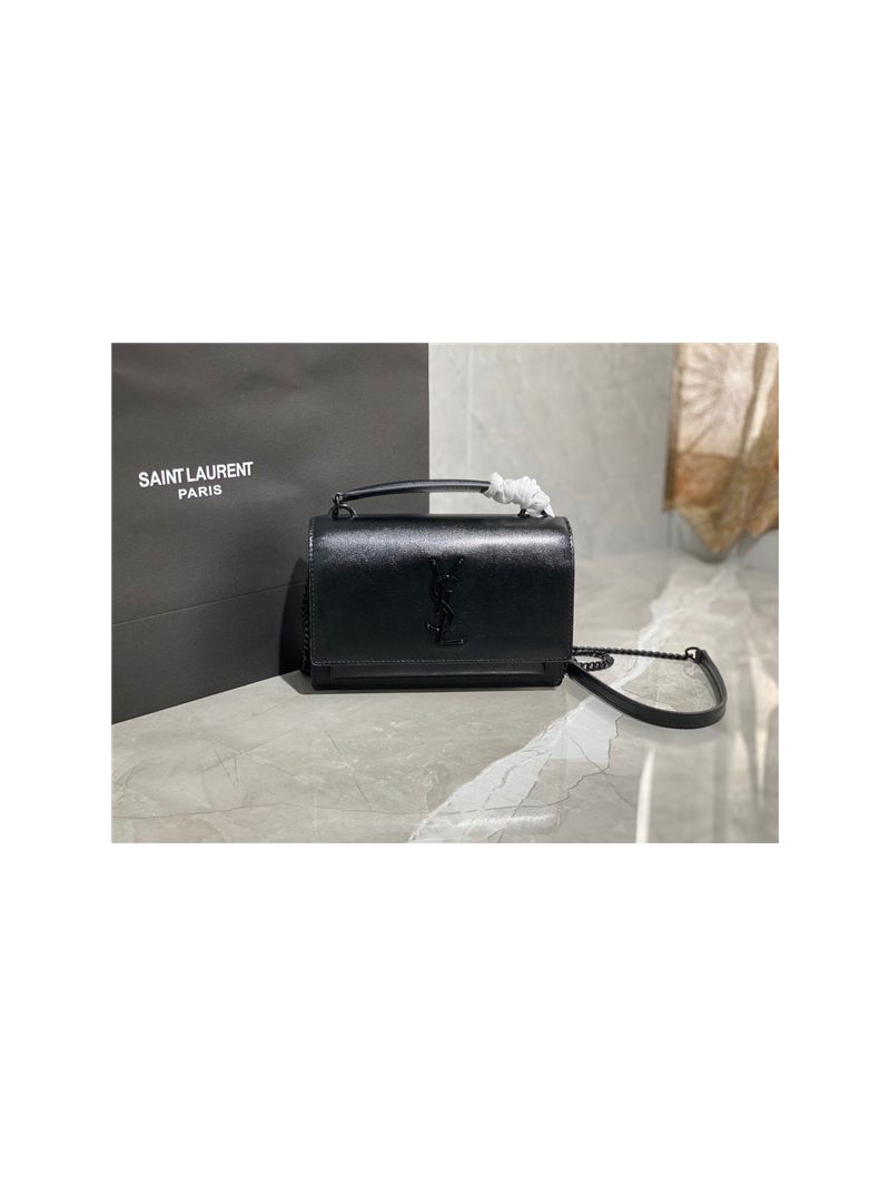 Saint Laurent YSL Sunset Chain Wallet In Smooth Leather 533026 All Black
