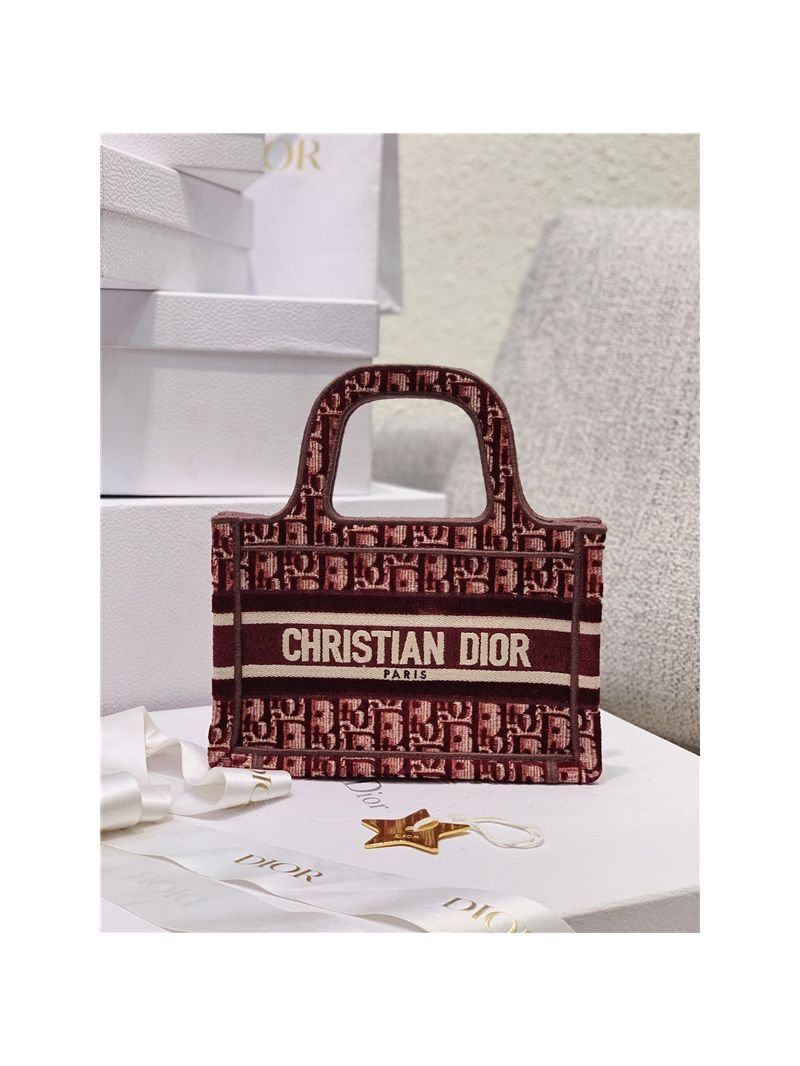 Dior Mini Book Tote Burgundy Dior Oblique Embroidered Velvet S5475