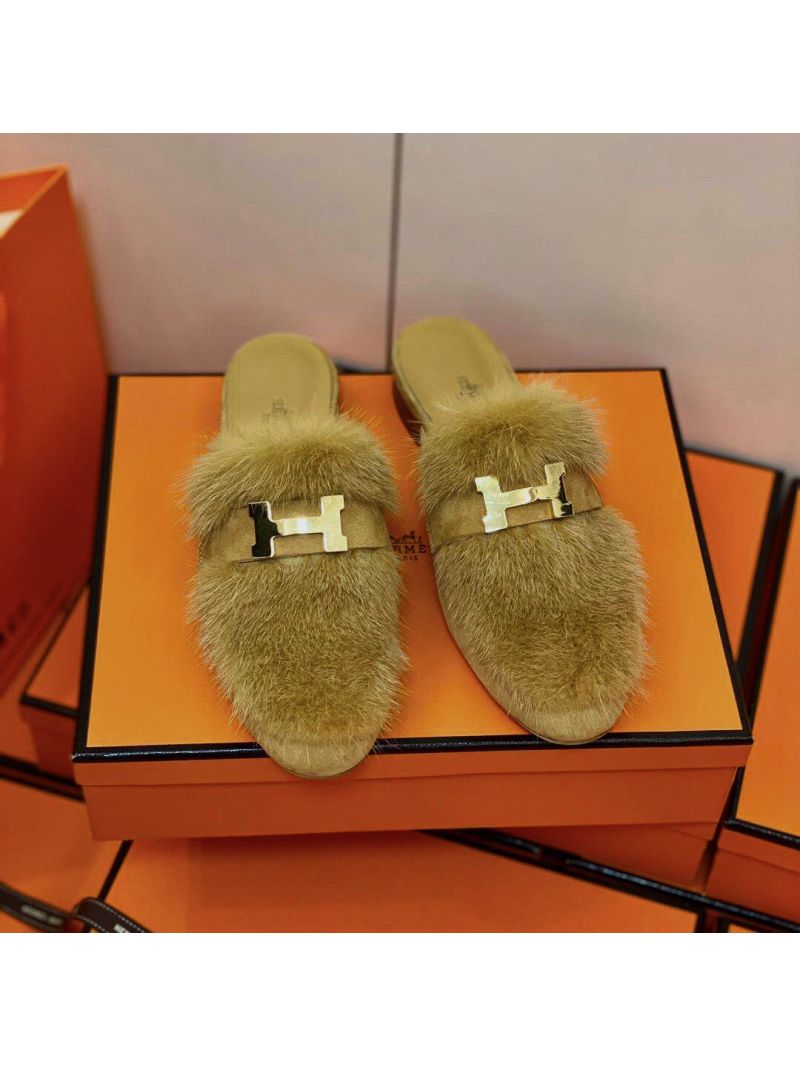 Hermes Paris Mule Suede Goatskin and Mink H202092 Light Brown