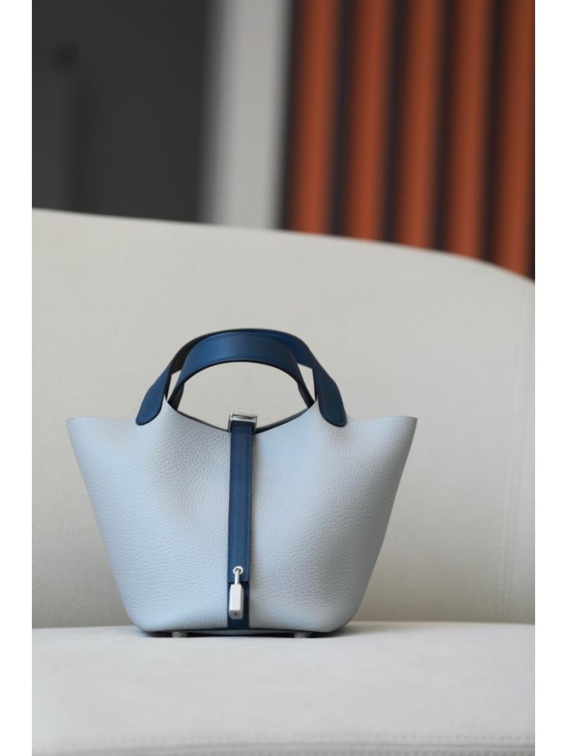 Hermes Picotin Lock bag Bi-Color Gris Mouette Clemence w Swift BLue Agate