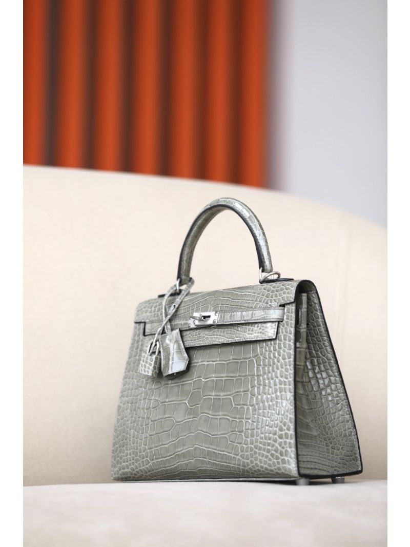 Hermes Kelly Shiny Alligator Leather CK81 Gris Tourterelle
