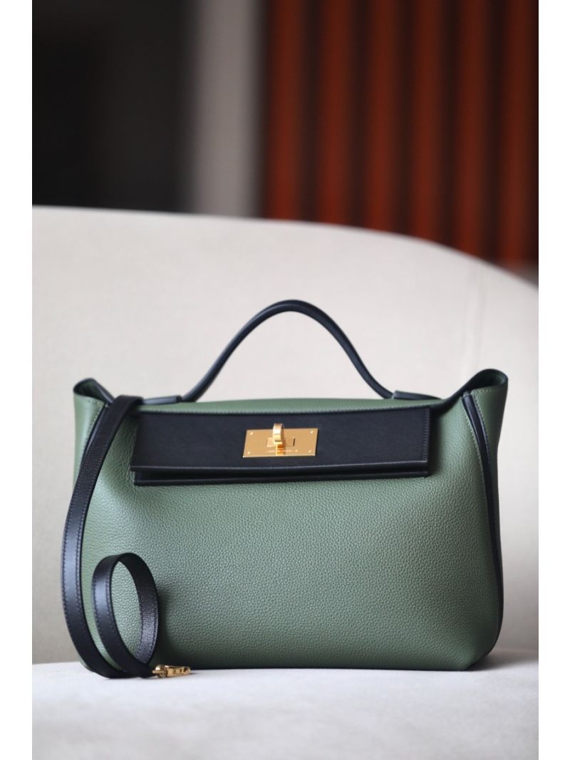 Hermes 24/24 Kelly Slouchy Swift & Togo Leather Bi Color V6 Vert Canopee Black