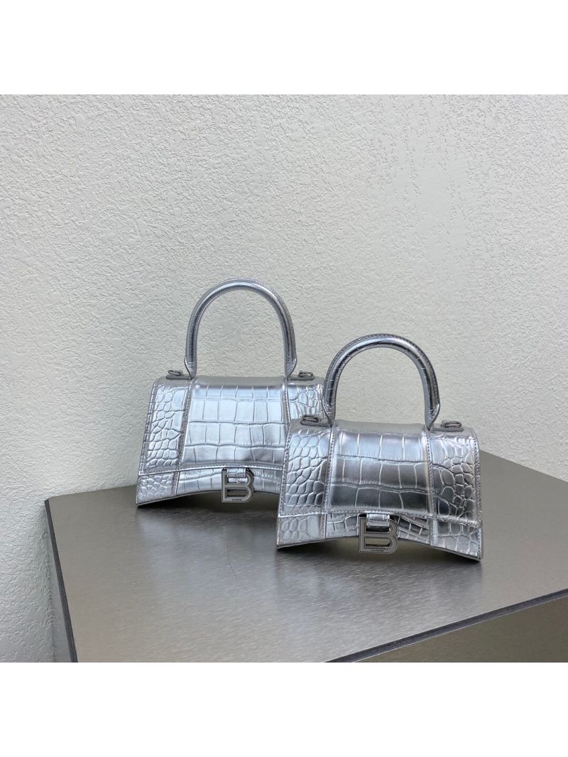 Balenciaga Hourglass Top Handle Bag In Shiny Crocodile Embossed Calfskin 5935461 Metallic Silver