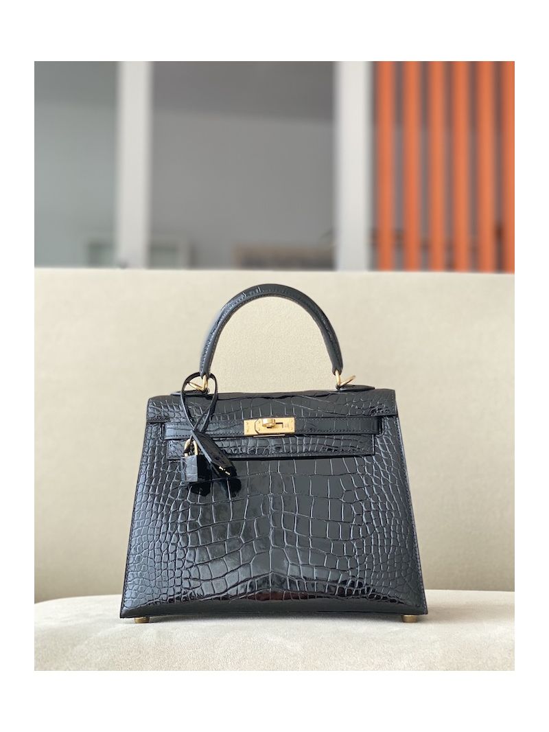Hermes Kelly Shiny Alligator Leather Black