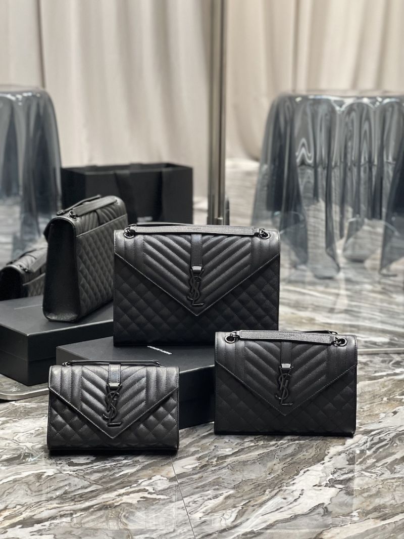 YSL Saint Laurent Envelope Large Bag In Mix Matelasse Grain De Poudre Embossed Leather 487198 Black with Black Hardware