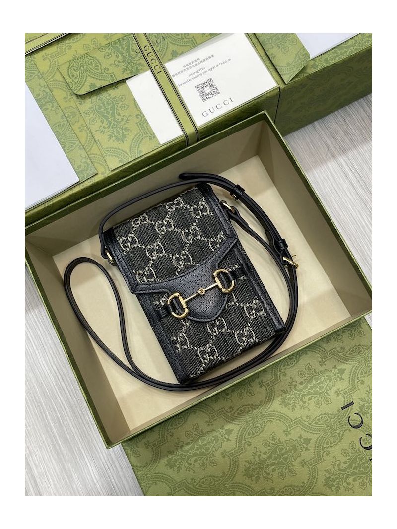 Gucci Horsebit 1955 Mini Bag 625615 GG Supreme Black and ivory GG Denim