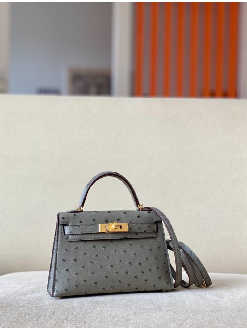 Hermès Mini Kelly Sellier II 20 in Ostrich Leather M8 Gris Asphalte