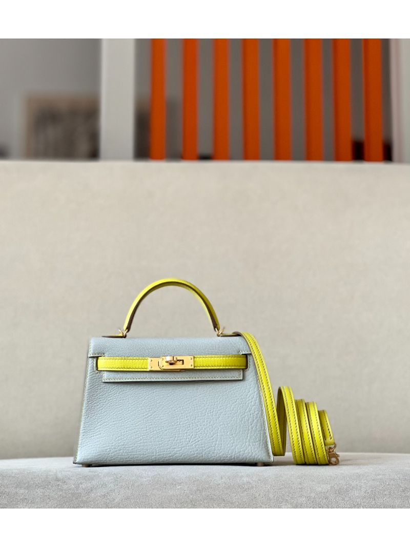 Hermès Chevre Mysore Leather Mini Kelly Sellier II 20 Bag Bi-Color Gris Perle w Lime