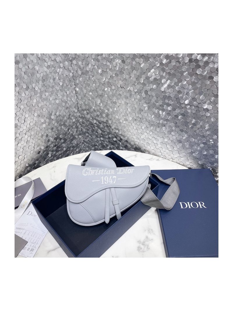 Dior Saddle Bag Gray Grained Calfskin with 'Christian Dior 1947' Signature 1ADPO093