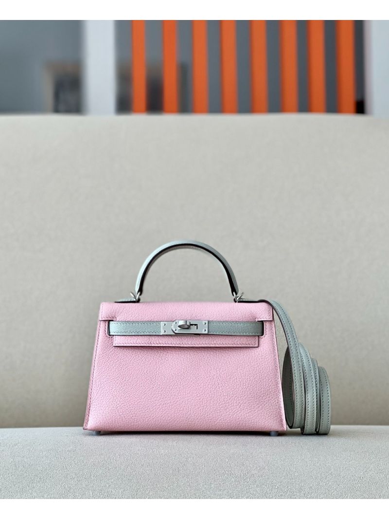 Hermès Chevre Mysore Leather Mini Kelly Sellier II 20 Bag Bi-Color 3Q Sakura Pink w Gris Perle