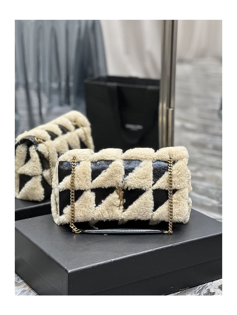 YSL Saint Laurent Jamie Medium Chain Bag "Carré Rive Gauche" In Suede And Shearling Patchwork 515821 Natural Beige And Noir