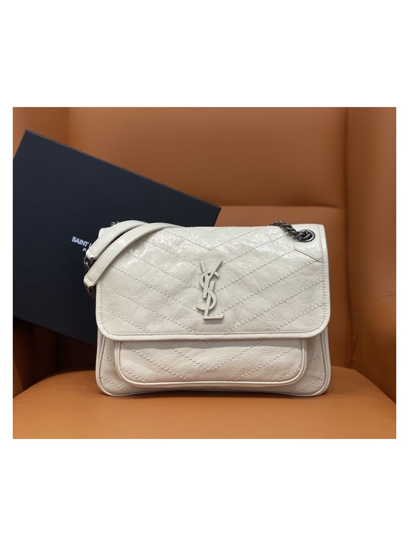 YSL Saint Laurent Niki Chain Bag In Vintage Crinkled And Quilted Leather 498894 Blanc