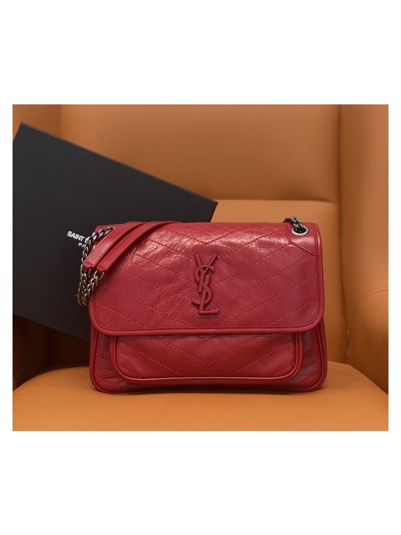 YSL Saint Laurent Niki Chain Bag In Vintage Crinkled And Red Quilted Leather 498894