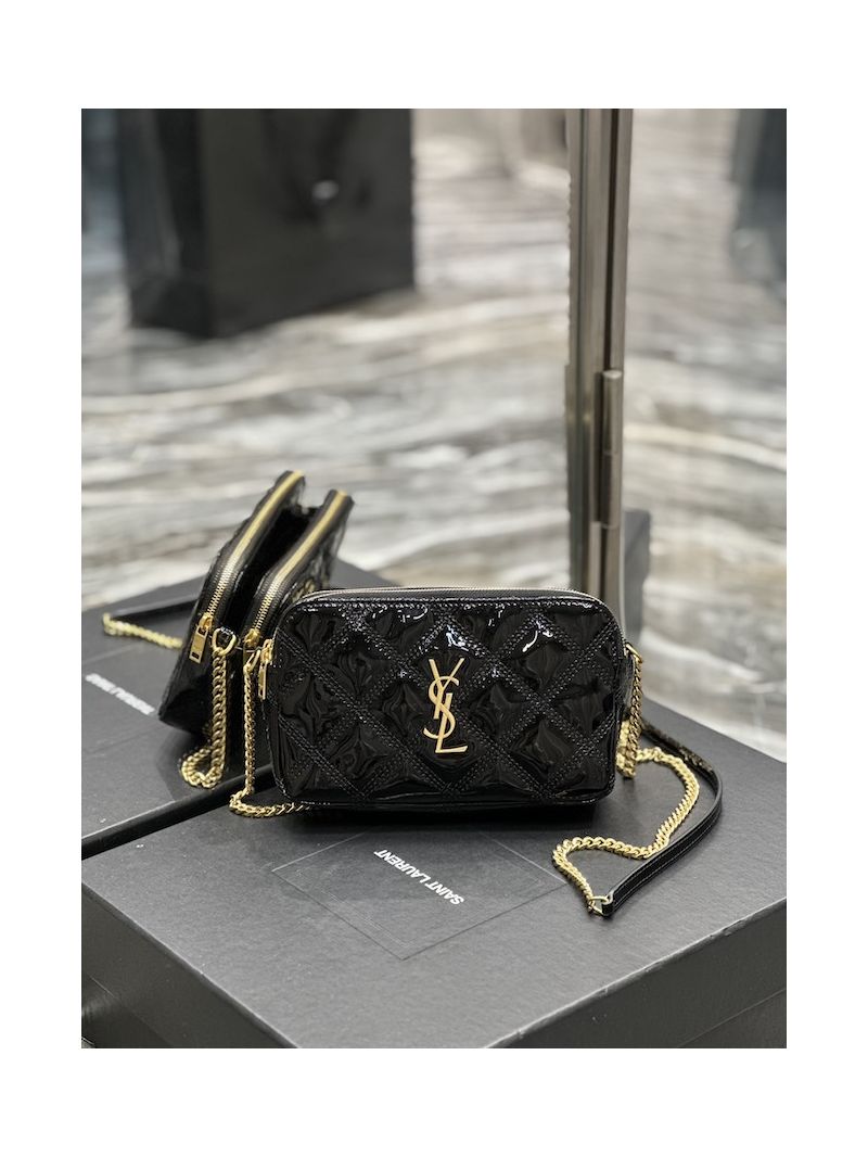 Saint Laurent YSL Becky Double-Zip Pouch in Quilted Lambskin 608941 Black Patent