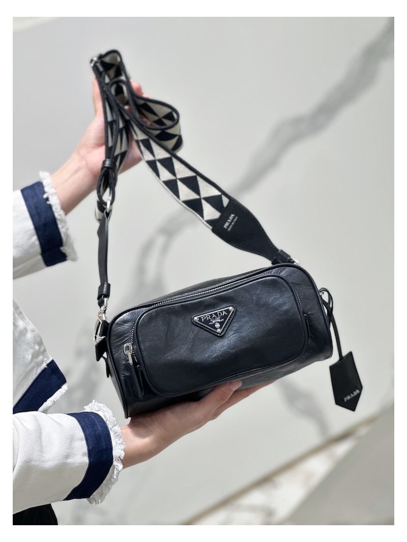 Prada Nappa Antique Leather Multi-pocket Shoulder Bag 1BH198 Black