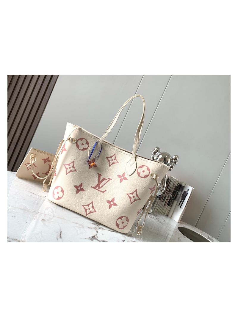 Louis Vuitton LV Neverfull MM M58907 Monogram Embossed Leather Creme Rose Trianon