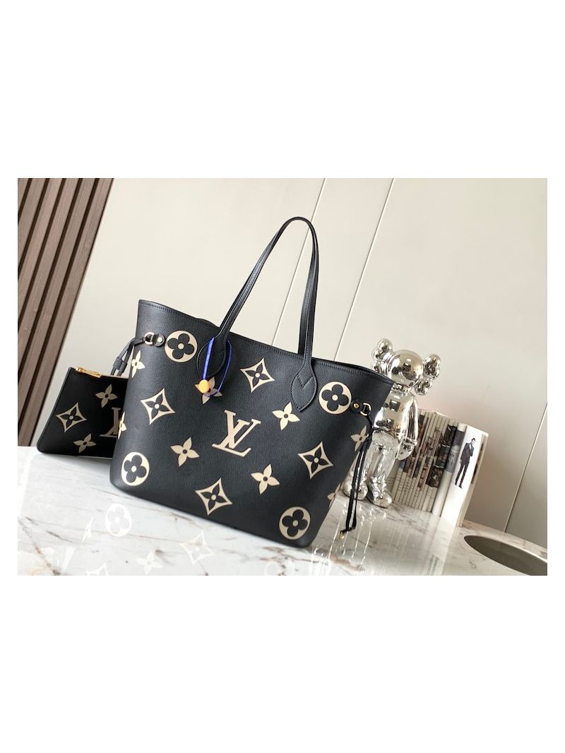 Louis Vuitton LV Neverfull MM M58907 Monogram Embossed Leather Black Beige