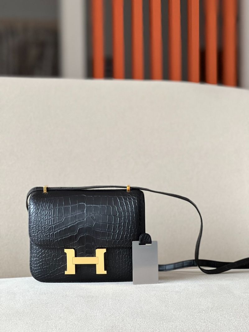 Hermes New Constance with Mirror Shiny Alligator Leather Bag Black