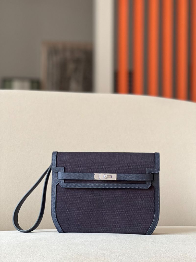 Hermes Kelly Depeches 25 Pouch in Blue Nuit Evercolor Trim with Blue Canvas