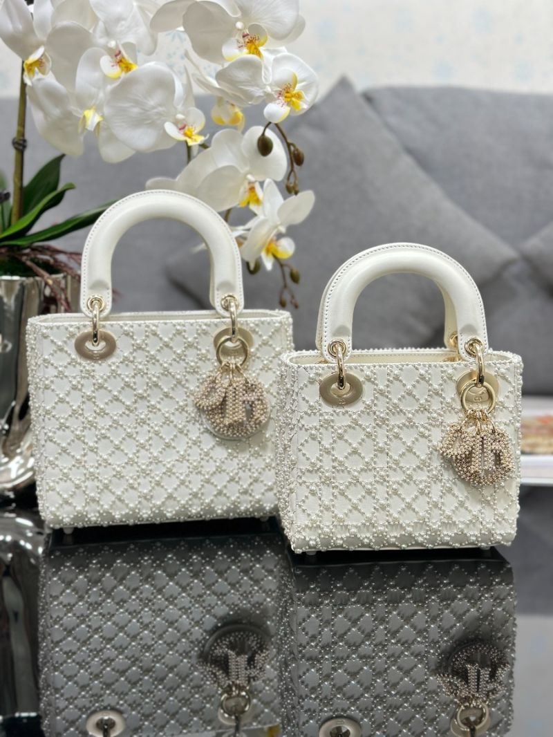 Dior Mini Lady Dior Latte Calfskin Embroidered with Resin Pearl Cannage Motif M0505O (Limited Edition)
