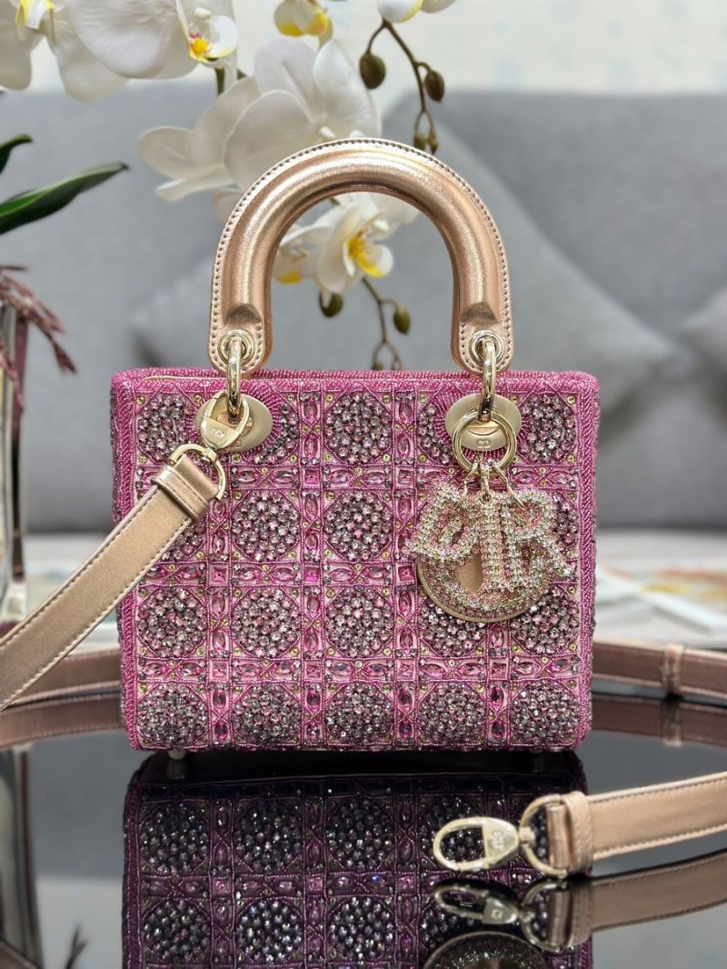 Dior Small Lady Dior Metallic Calfskin And Satin With Rose Des Vents Resin Pearl Embroidery M0531O (Limited Edition)