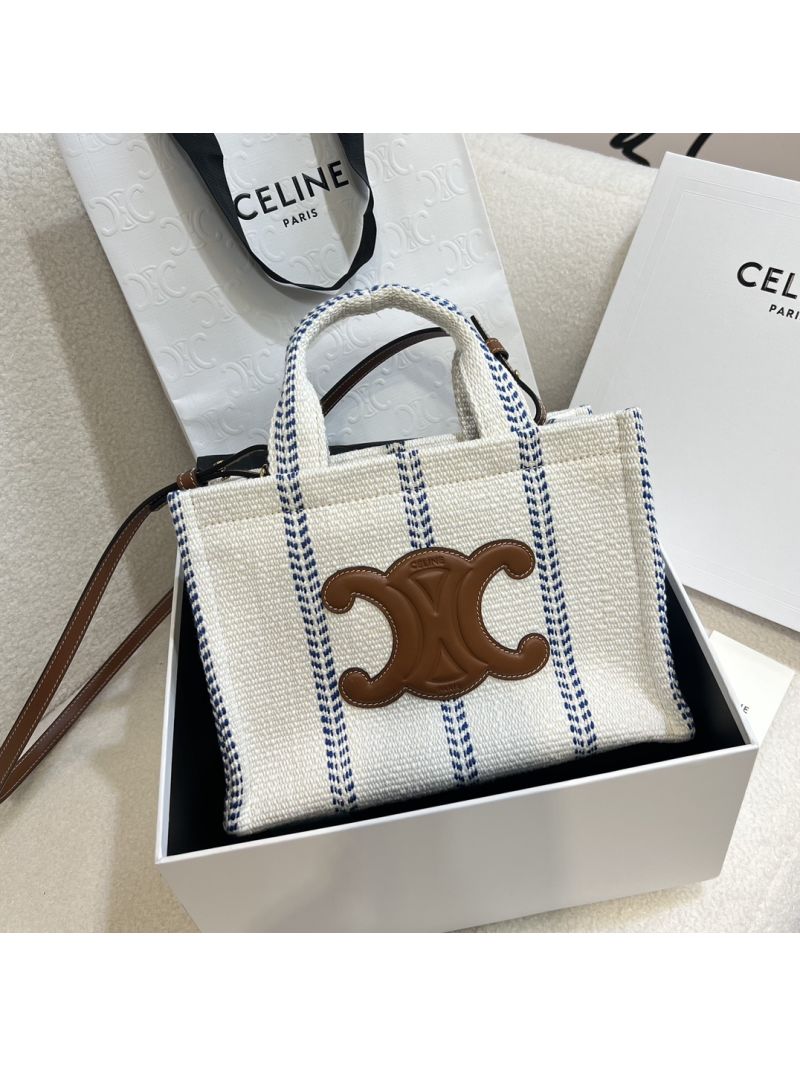 Celine Small Cabas Thais In Striped Textile And Calfskin 100162E White Brown