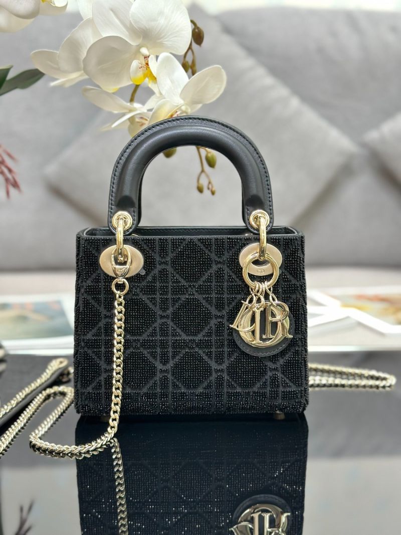 Dior Micro Lady Dior Bag BLack Cannage Cotton with Micropearl Embroidery S0856