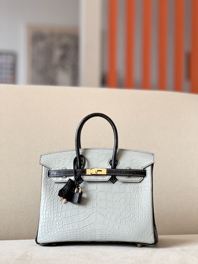 Hermes Birkin Matte Alligator Leather Bi-Color Pearl Grey and Black