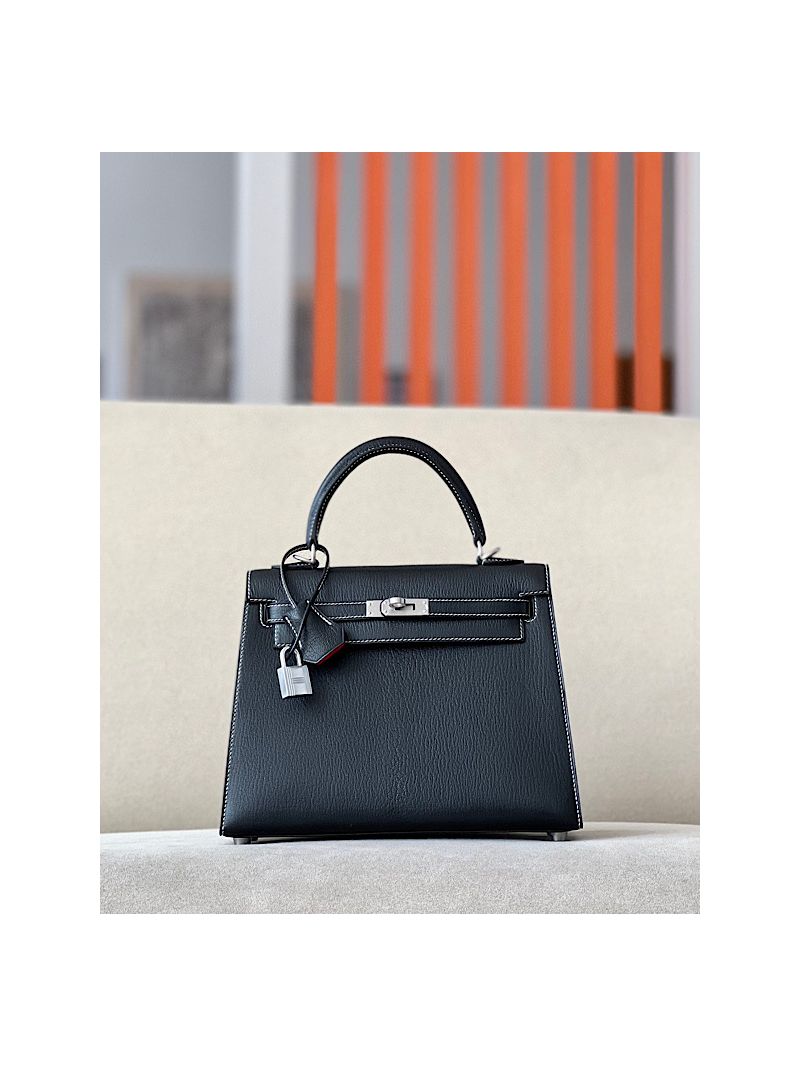 Hermes Kelly Chevre Mysore Leather Bi-Color Black with S3 Rouge De Couer