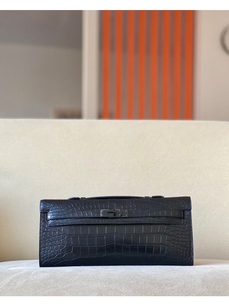 Hermes Matte Alligator Kelly Cut Clutch Pochette All Black