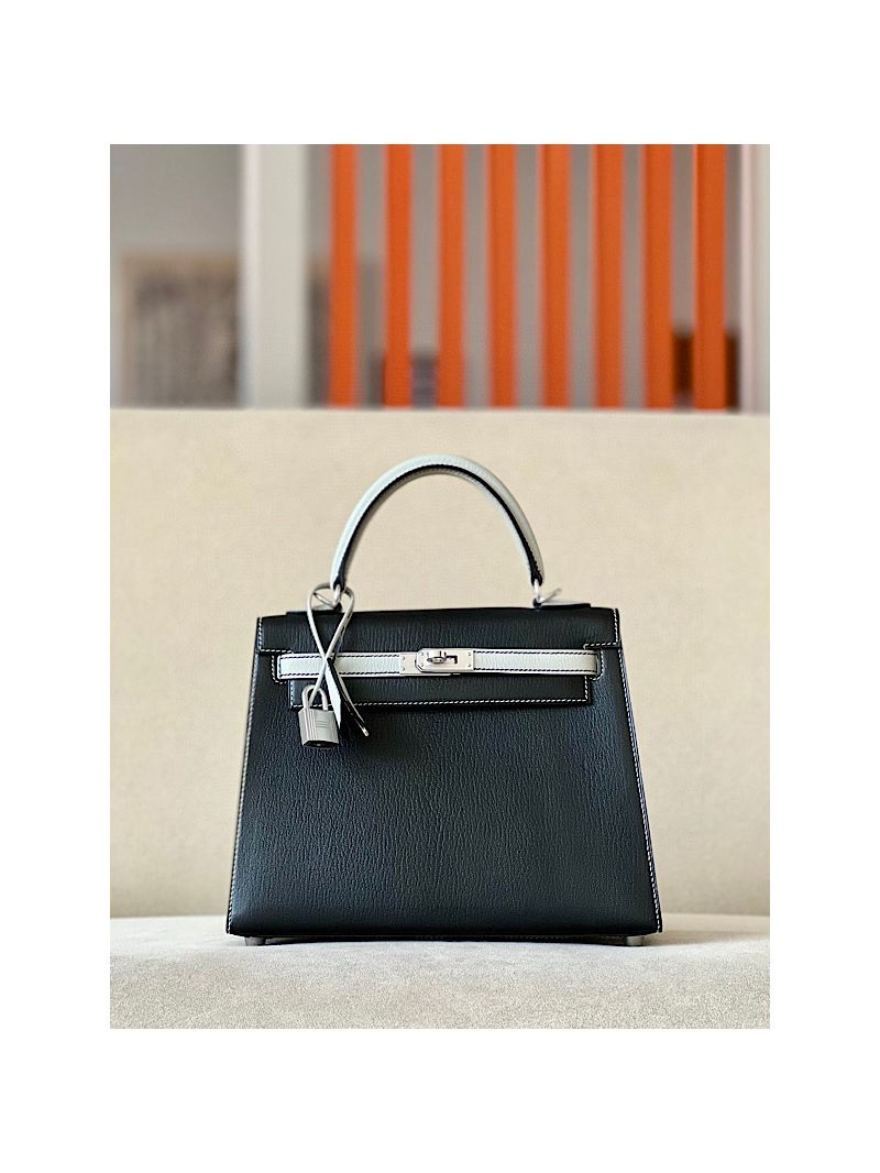 Hermes Kelly Chevre Mysore Leather Bi-Color Black with Craie