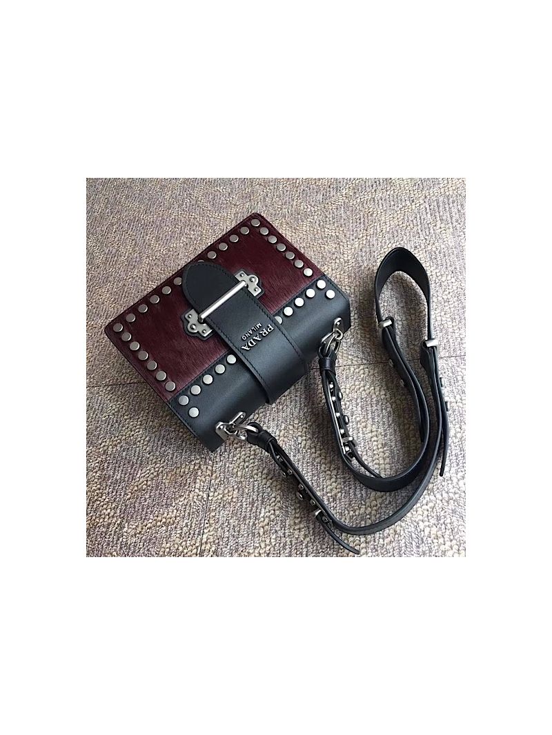 Prada Cahier Small Calf Hair red Studded Shoulder Bag 1BD045